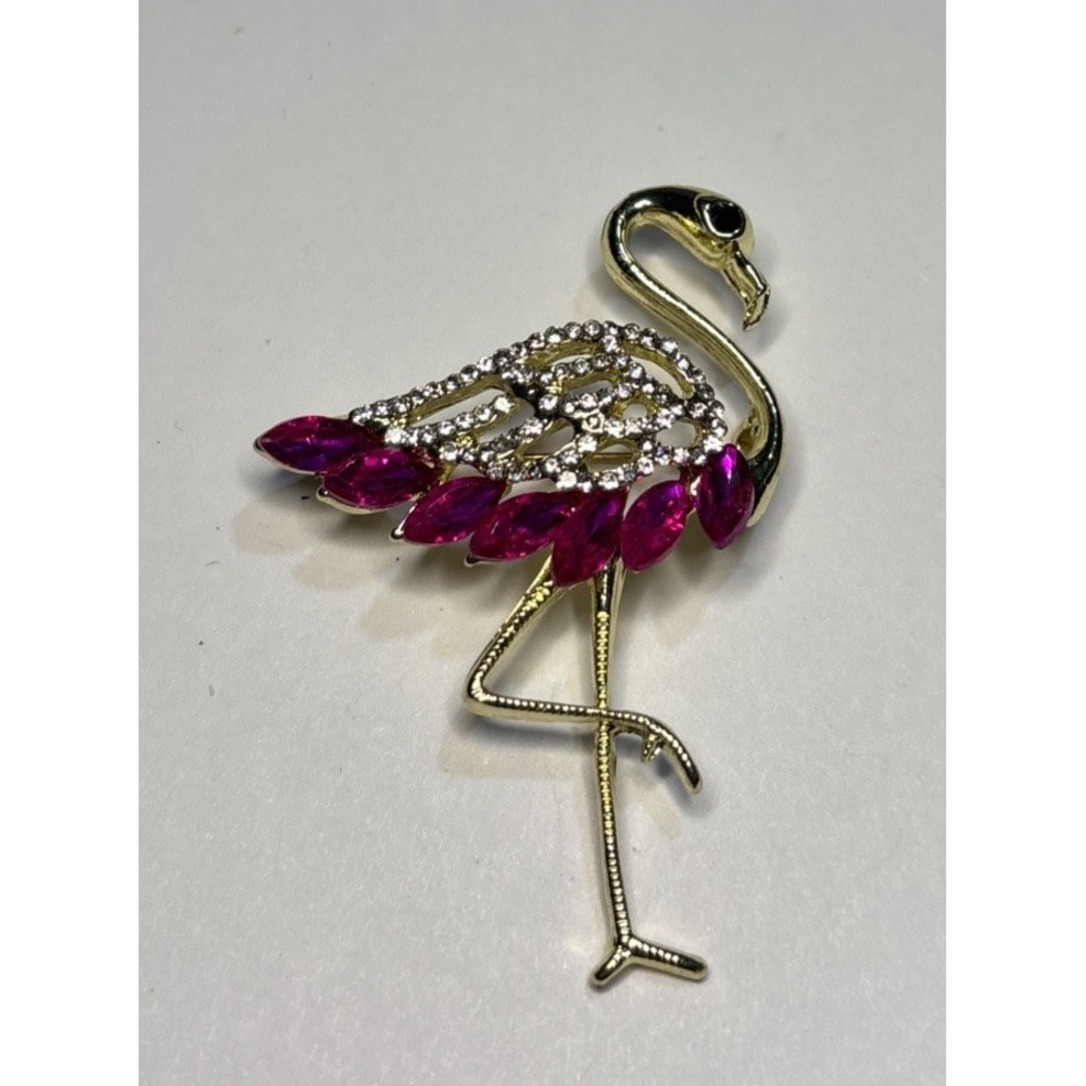 Pink Flamingo Brooch Fuchsia Rhinestones Gold Tone Tropical Bird Pin 2"